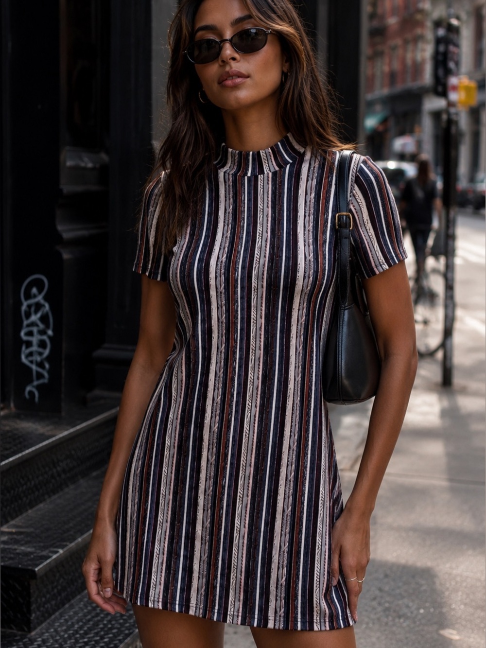 BCBGeneration Striped Stretchy Mock Neck Mini Dress | Retro 90s Y2K Designer | M